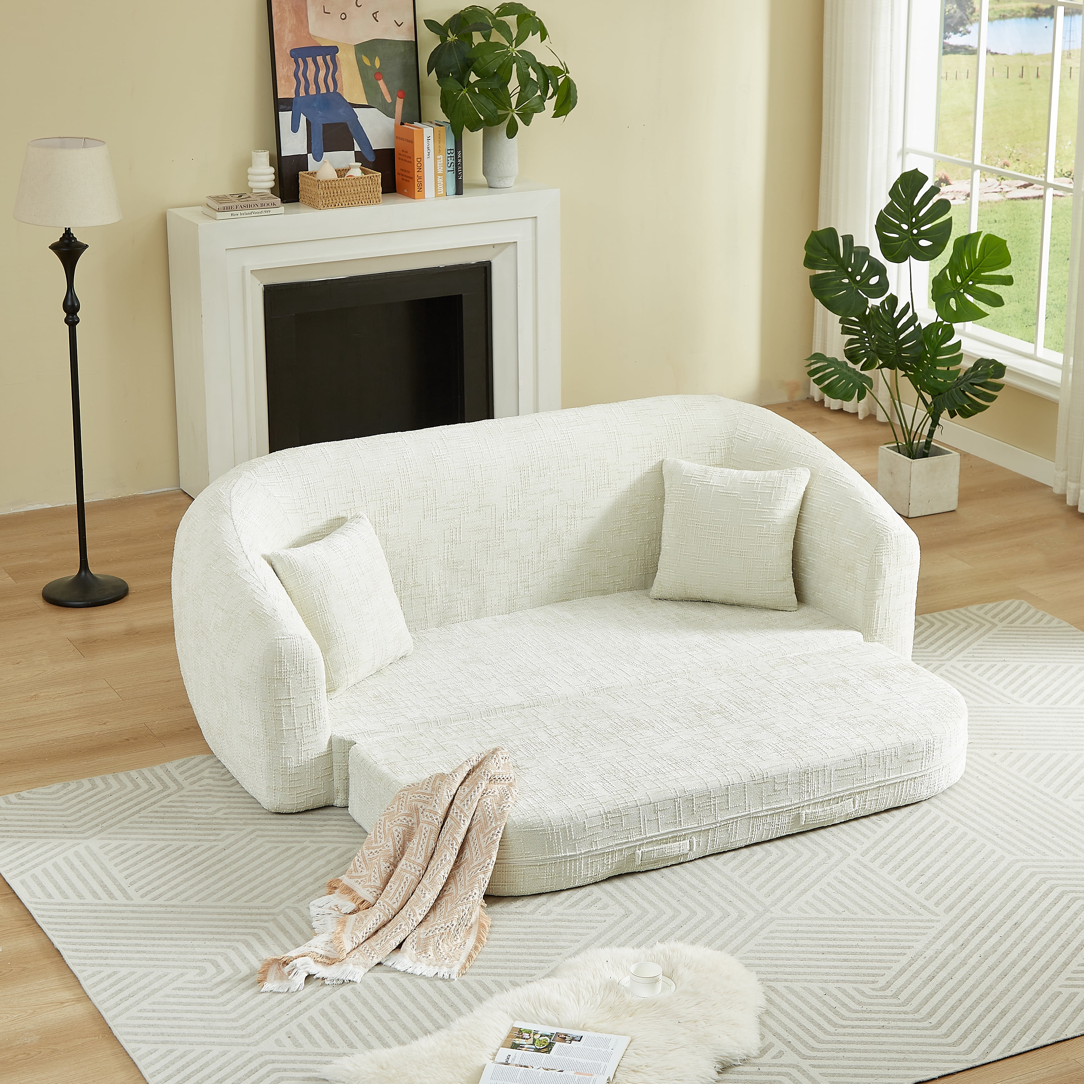 Leumius 87" Convertible Futon Sofa Bed, Corduroy Curved Boneless Couch with High Backrest, 2-in-1 Fold-Out Sleeper Sofa with Pull-out Couch Bed,Beige-Square Pillow