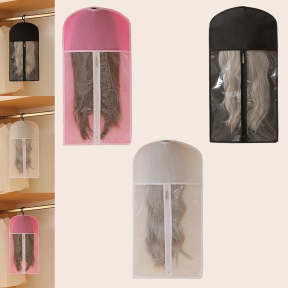 AYktou Wig Storage Bags with Hanger Hole, Fabric Wig Hanging Wig Organizer Moistures-Proof & Dustproof Portable Tote Bags Clear Non-Woven Fabric Moving for Home Travel Anime Conventions, Black