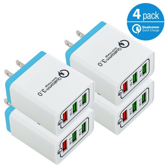 4-Pack AFFLUX USB Wall Charger 30W 3-Ports with Quick Charge 3.0, Wall Charger Adapter, Fast Charging for Samsung Galaxy S23/S22/S21/S20/S10/S9/S8 Ultra, iPhone 14/13/12/11 Pro Mini, X/Xs, White/Blue