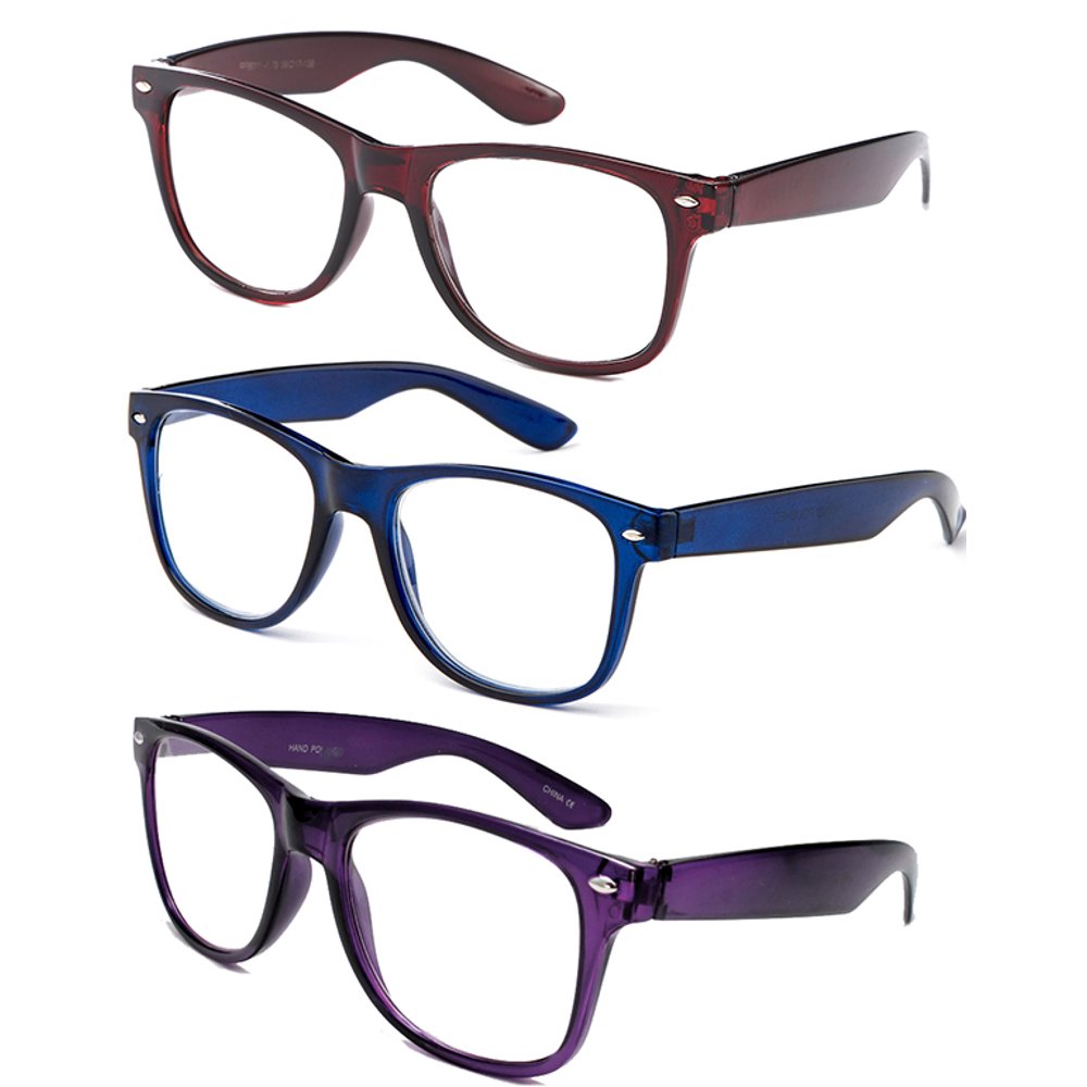 3 Pack Over Size Big Frame Women Reading Glasses, Red, Blue & Purple +3
