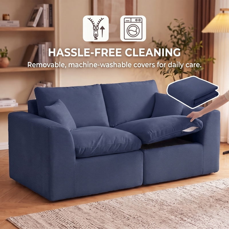 Gewnee Loveseat Sofa, Modular Cloud Couch, Corduroy 2 Seater Sofa with Removable Covers, No Assembly Required,Navy Blue