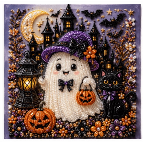 Halloween Ghost Pumpkin Pearl Art DIY Kit without Frame, Diamond Painting Craft for Adults, Spooky Bead Art Wall Decor Project, Fall Home Decoration, Beginner Friendly Creative Gift Idea