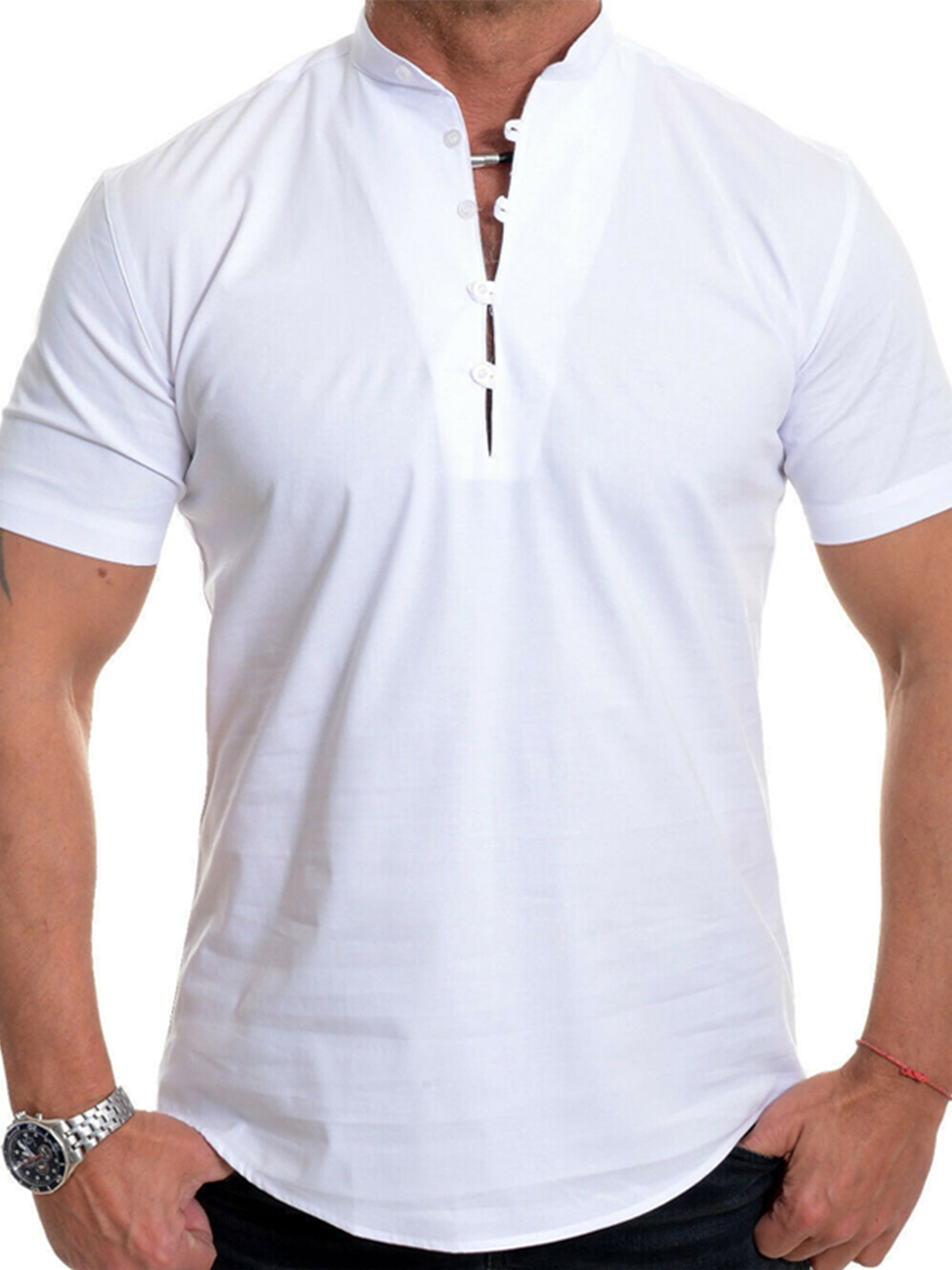 Lallc - Mens Button V Neck T-shirts Summer Muscle Casual Short Sleeve ...