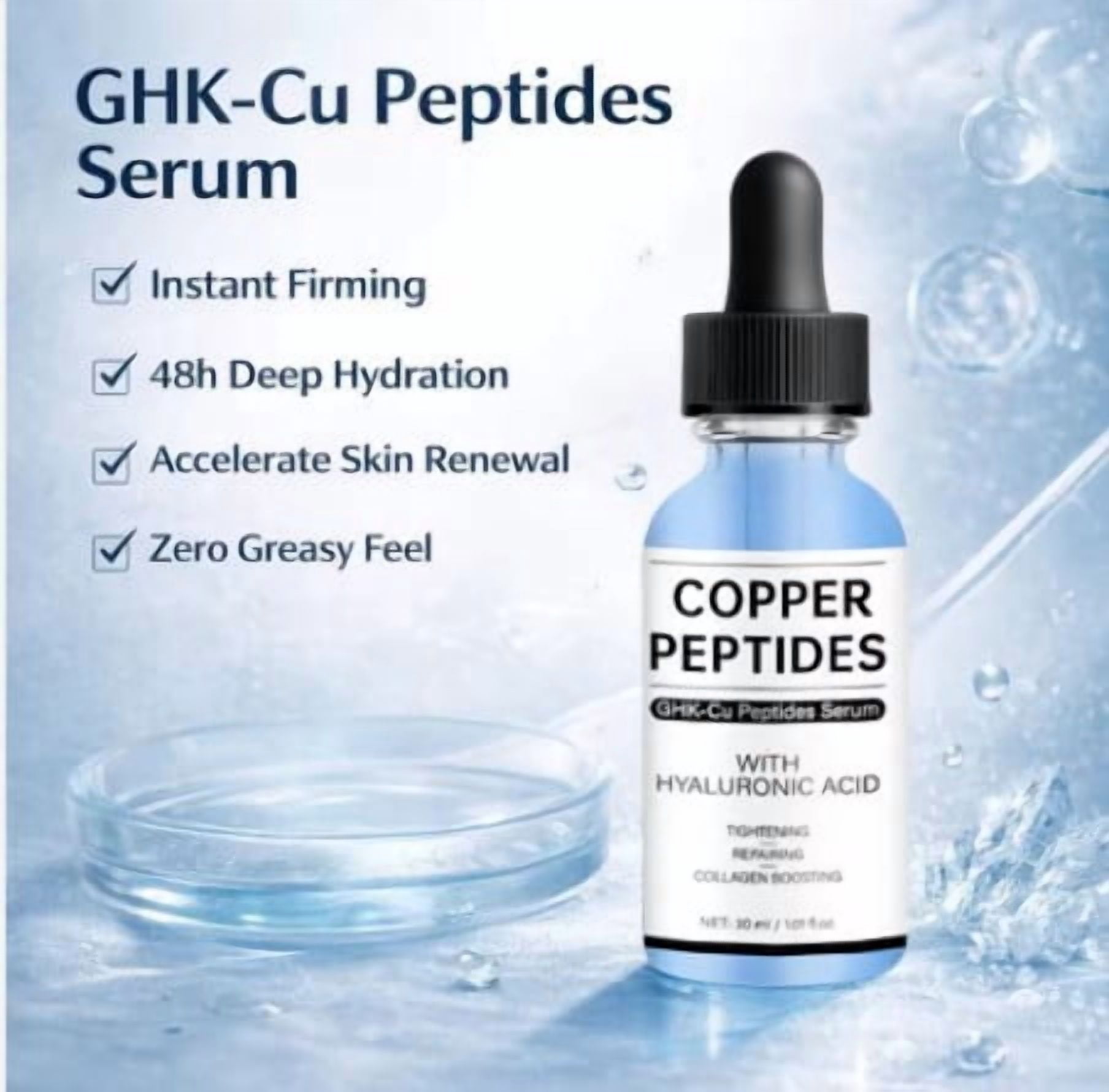 Copper Peptides Serum for Face - Tightening, Repairing, Collagen Boosting - with GHK-Cu and Hyaluronic Acid - Fragrance-Free - 1fl oz
