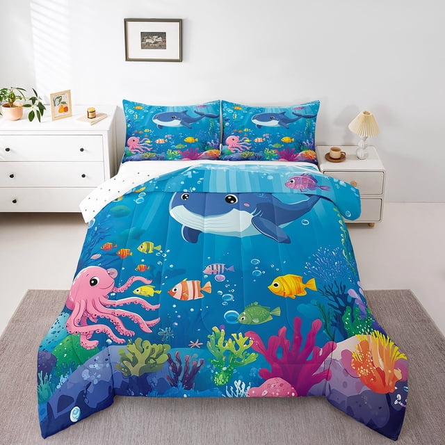 Erosebridal Ensembles de Literie Baleine Dessin Animé Pieuvre Poisson Simple avec Couette, Insert de Couette Corail des Profondeurs Océaniques, Réversible 2 Pcs