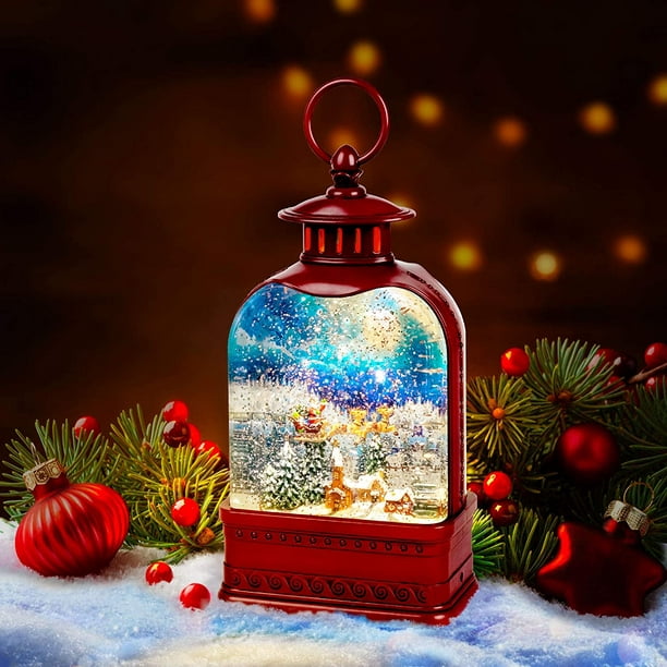 Christmas Snow Globe Lantern, 6H Timer Music red Christmas Snow