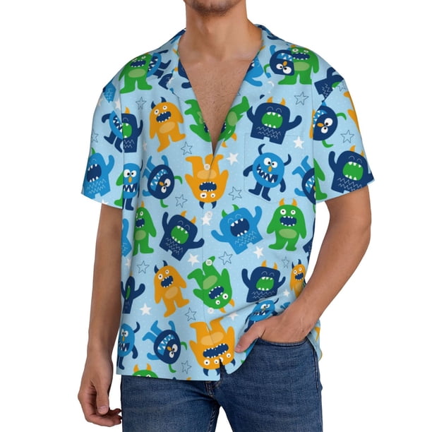 Fotbe Cartoon Monster Camisa Estampada de Manga Corta para Hombre, Casual de Verano, Estilo Playero, Sin Arrugas-3X-Large