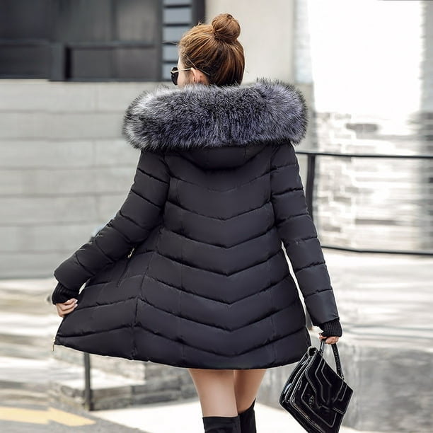 Winter Women Down Cotton Warm Jacket Slim Short Fur Collar Hooded Coat  Parka XL