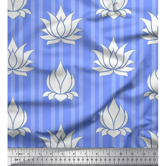 Soimoi Blue Cotton Poplin Fabric Stripe & Artistic Lotus Floral Decor Fabric Printed Yard 56 Inch Wide