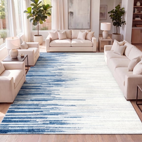 JONATHAN Y CONTEMPORARY POP 5 x 8 Area Rug, Linear Half-Stripe - Blue/Cream, CTP112A-5