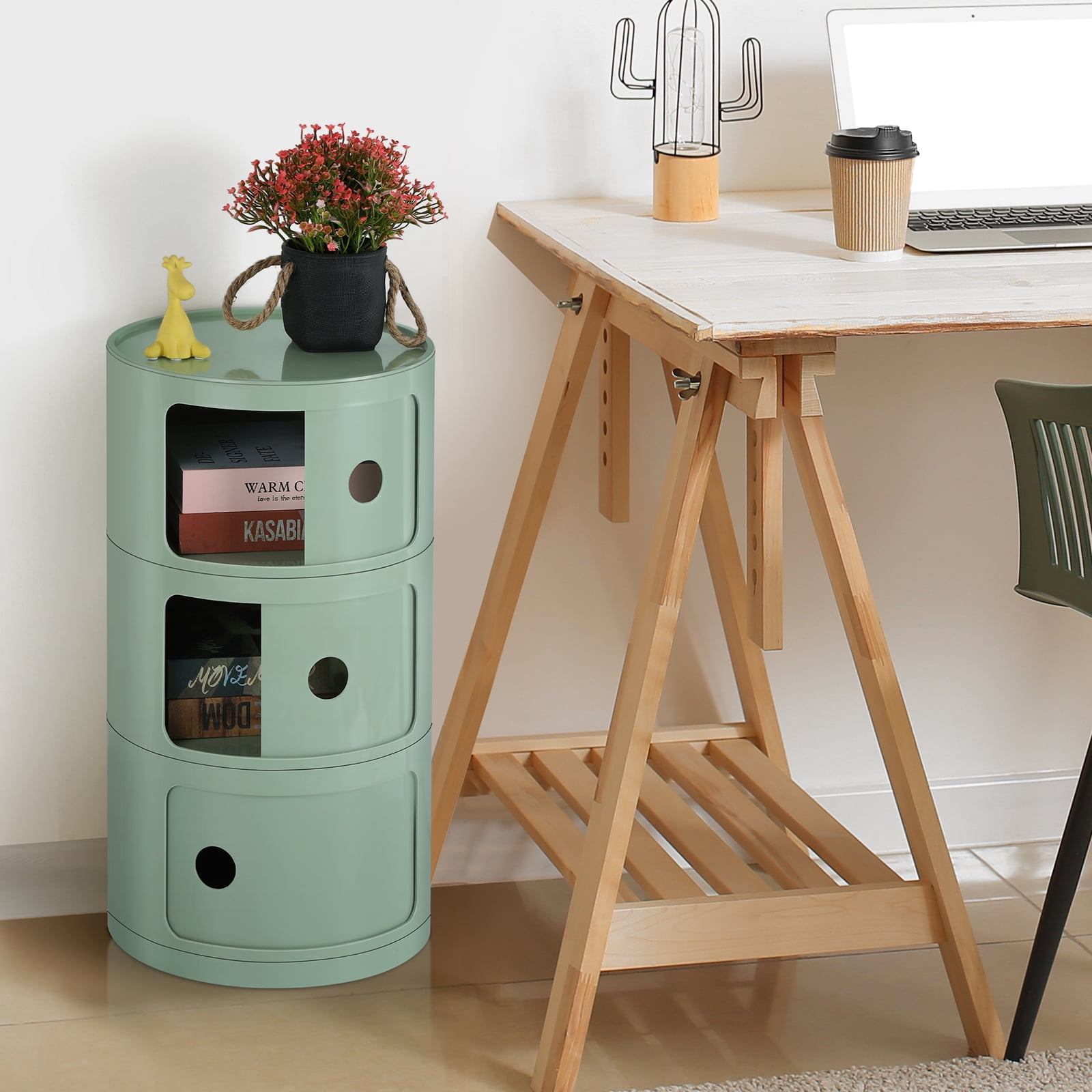 3 Drawer Sliding Barrel Modern Bedroom Nightstand, Matcha Green