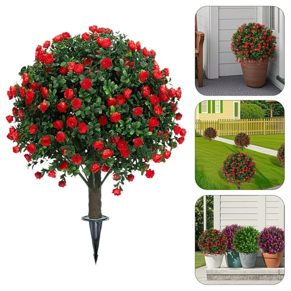 Artificial Boxwood Topiary Trees With Rose For Indoor Outdoor Porch & Planters Uv Resistant