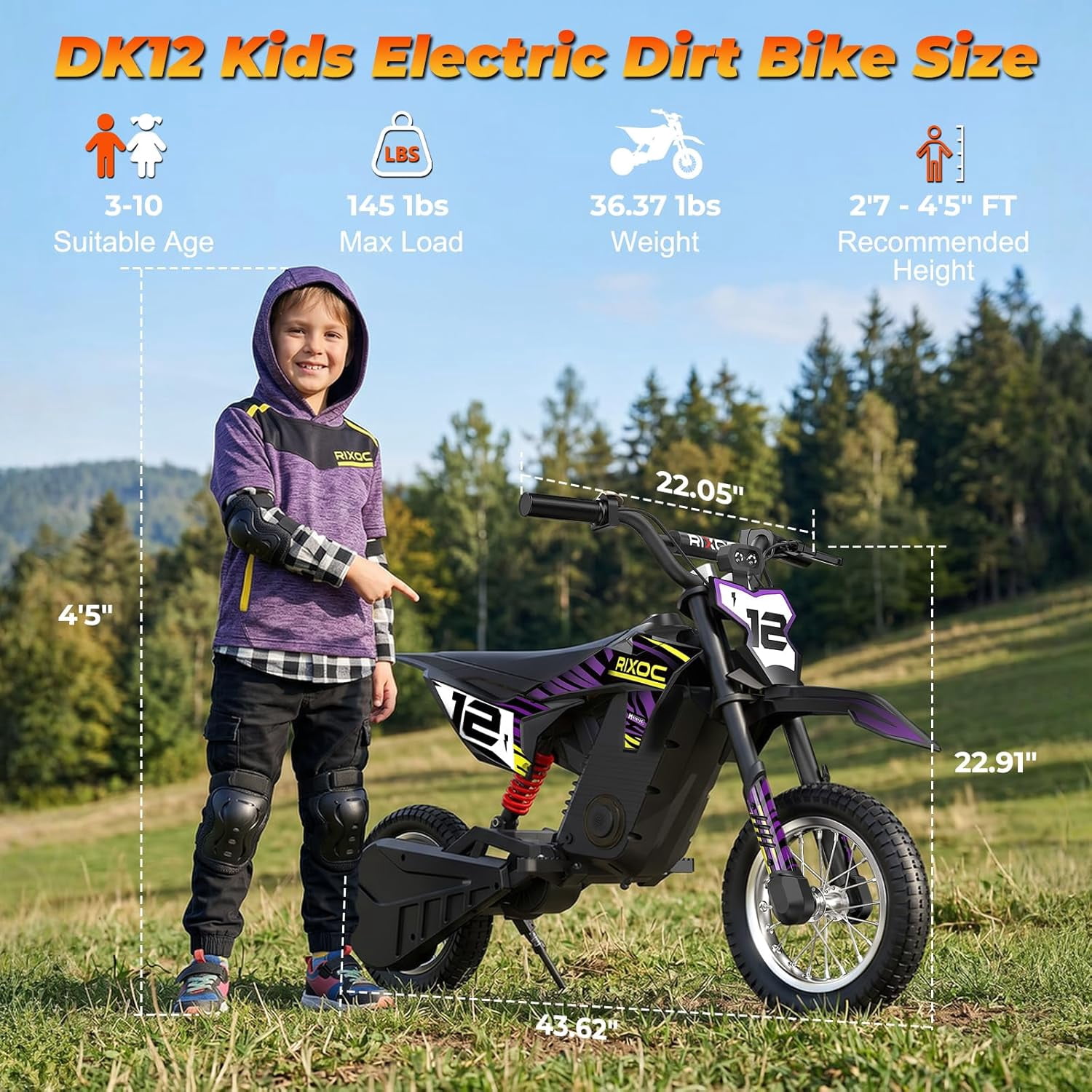 RIXOC DK-12 Electric Dirt Bike,3 Speed Modes up to 15.5 mph, 36V 5.2Ah Peak 700W Max 14Miles Electric Motorcycle for Kids Ages 3-8 UL2272
