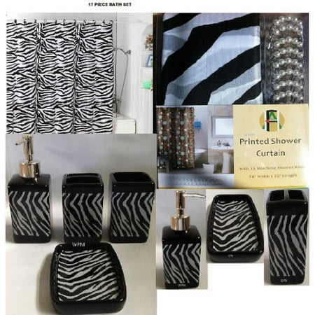 17 piece bath accessory set- black zebra shower curtain with 17 piece bath accessory set- black zebra shower curtain with