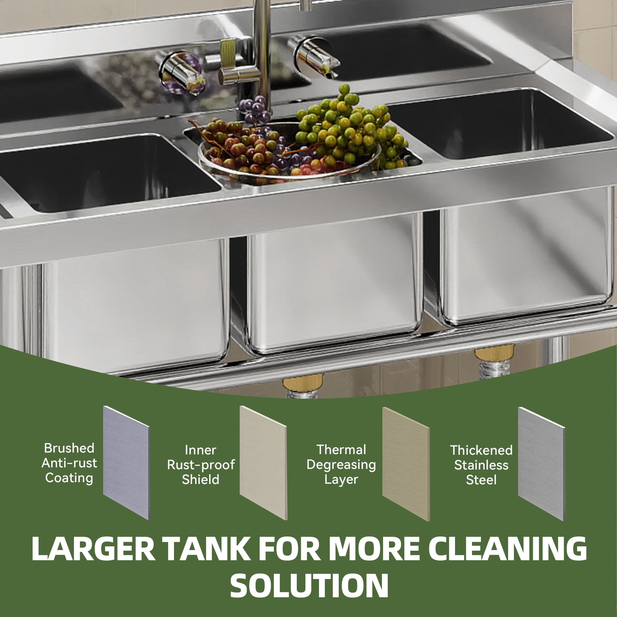 Uforic Stainless Steel Utility Sink, 3 Compartment Commercial Sink for Kitchen, Restaurant, Laundry, Garage
