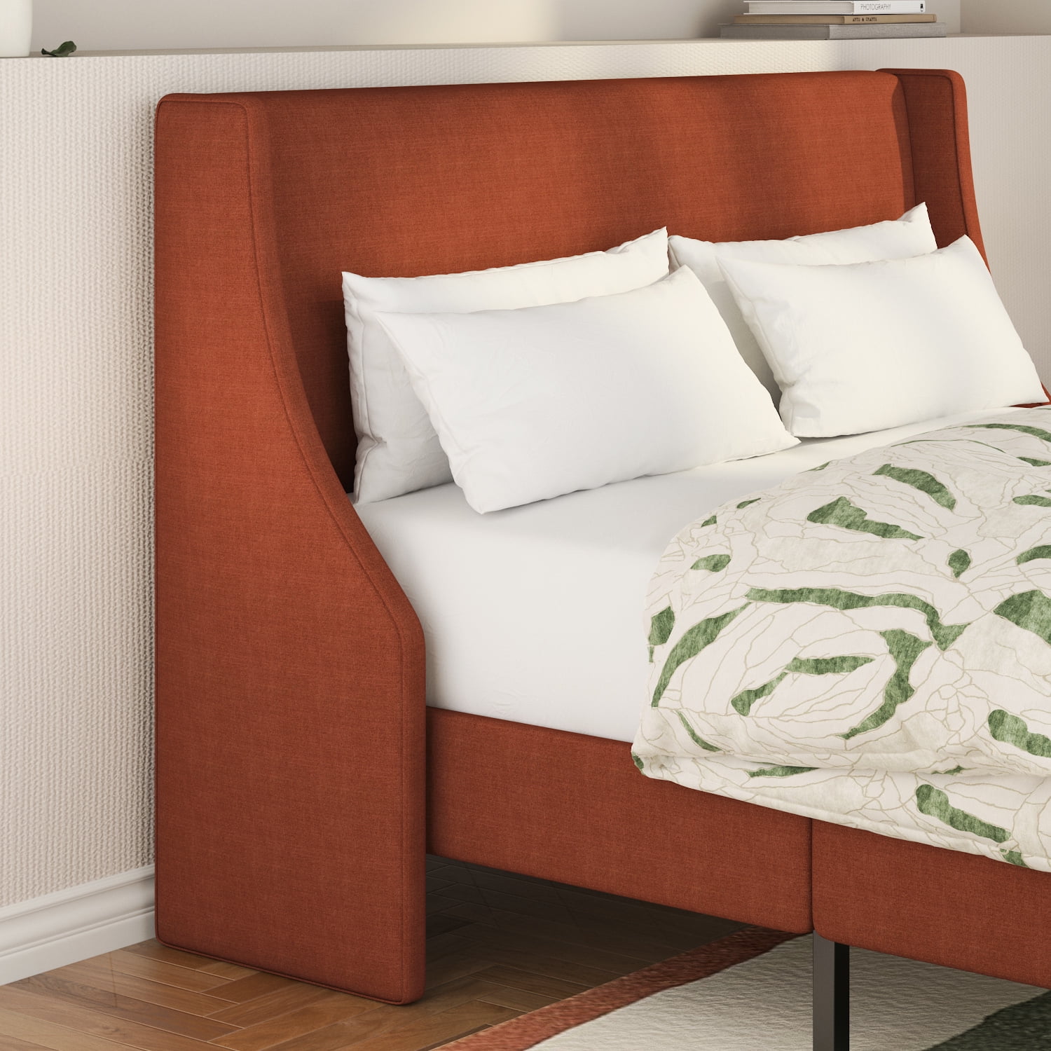 SHA CERLIN Queen Size Upholstered Platform Bed Frame with Wingback Headboard, Burnt Orange, Adults