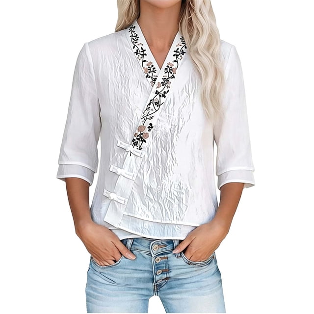 Mujeres manga corta de verano Tops imitación bordado V-cuello hebilla cinco cuartos de manga blusa, primavera en verano casual moda superior
