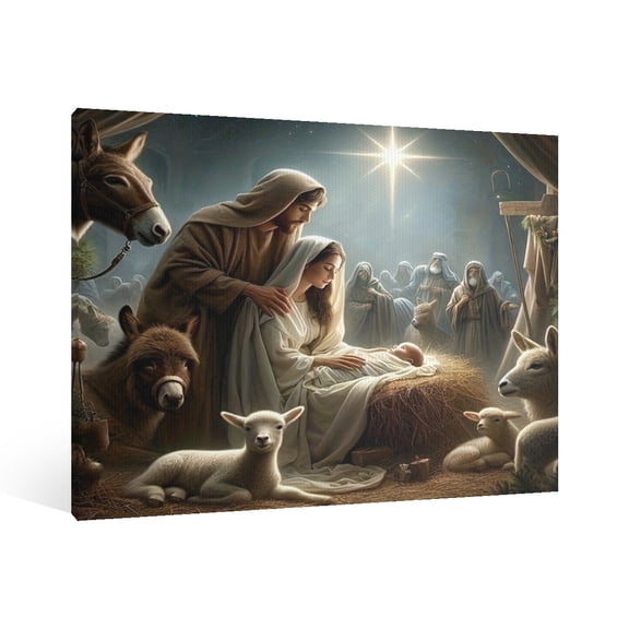 Vintage Jesus Nativity Scene Canvas Wall Art Paint Framed , Christian Watercolor Jesus Wall Art Decor,Christmas Wall Religious Artwork for Home Living Room,Bedroom Wall Decor