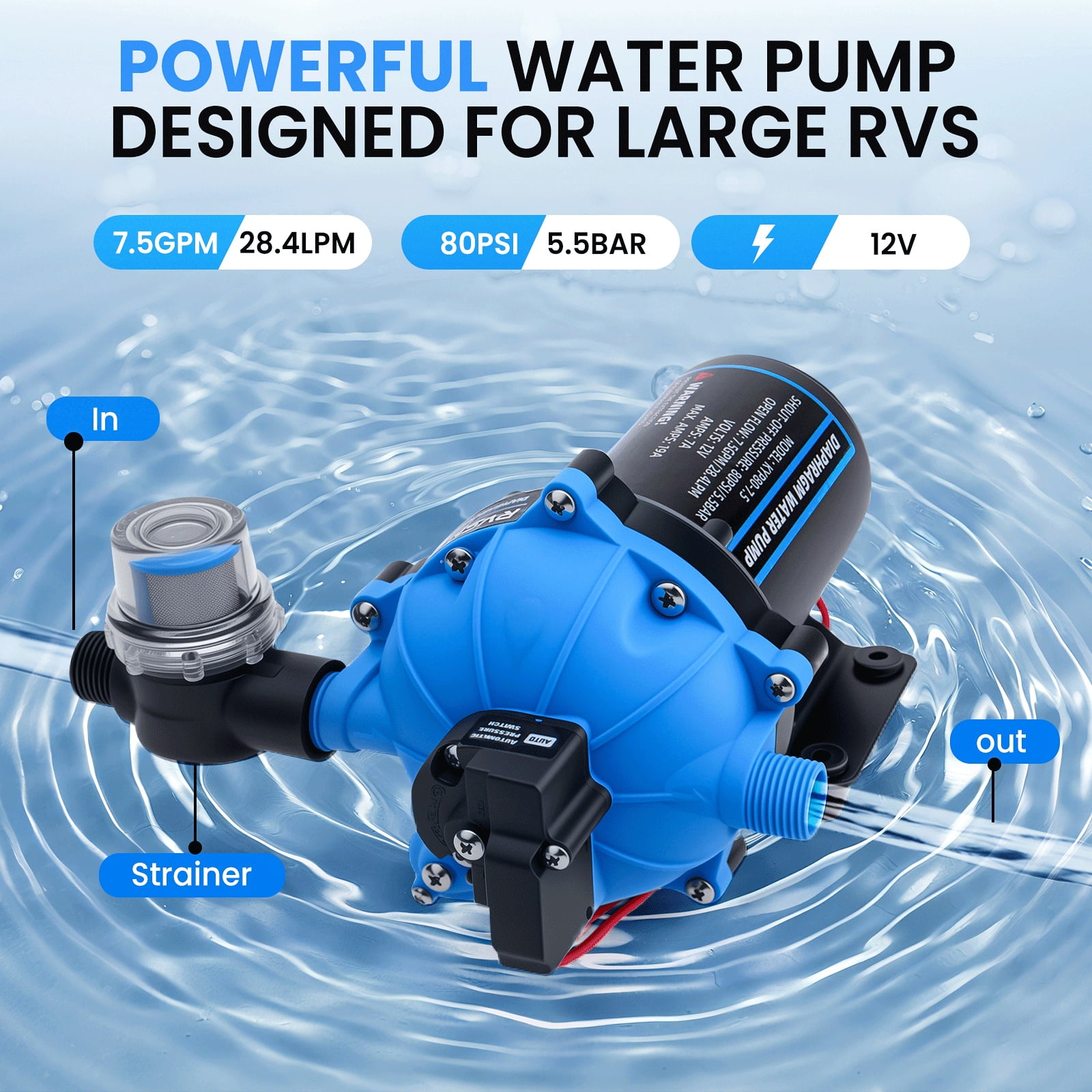 12V RV Fresh Water Pump 7.5GPM 80PSI, RV Water Pump 5-Chamber Self-Priming Diaphragm Pump with Heavy Duty Pressure Switch and Strainer for RV, Marine, Yacht, Caravan