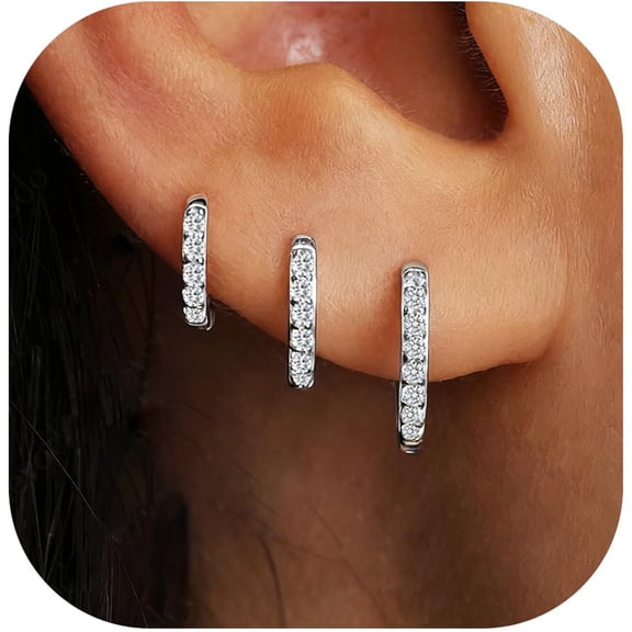 LUNVKY 3 Pairs Hoop Earrings for Women CZ Small Huggie Cartilage S925 Sterling Silver Post Hypoallergenic Earrings Set for Multiple Piercing Birthday Jewelry Gifts Teen Her Ideas