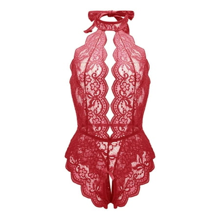 Sehao Women Lingerie Lace Bodysuit Deep V Teddy Nightgown Red 4XL