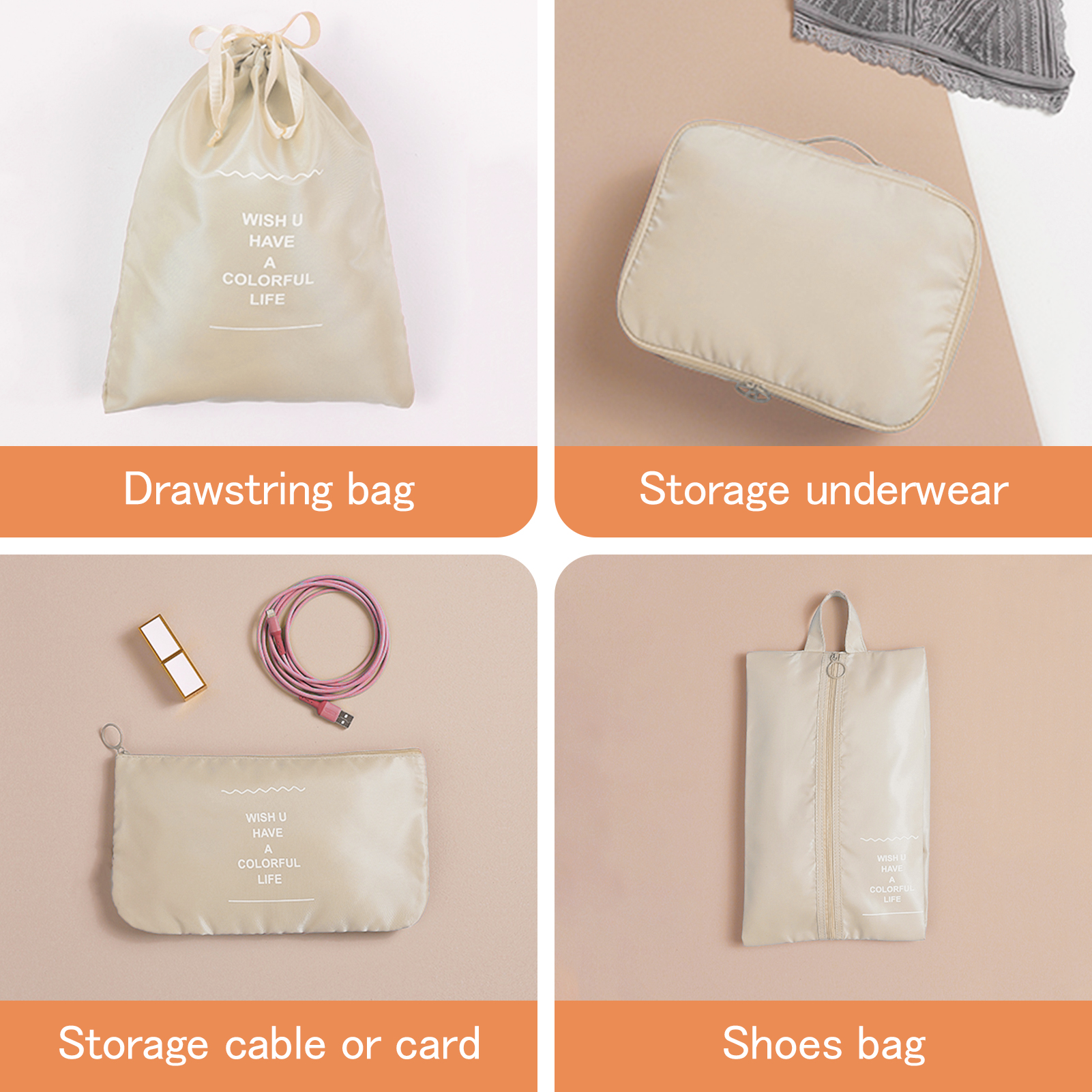 HonorHut 8 Set Packing Cubes Lightweight Organizer Bags Mesh Luggage Packing Bags Durable Storage Totes Travel Essentials Accessories Beige