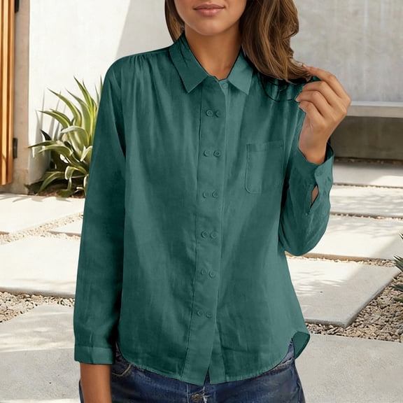 Womens Long Sleeve Shirts Button Down Blouses Collared Solid Color Fashion Business Tops