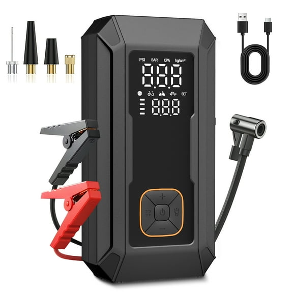 KT1  Car Jump Starter with Air Compressor, 150 PSI, 8000MAH Power Bank, 4000A Jump Starter, Fast Inflation for Car Tires, Bikes, SUV, Trucks & More - Portable Air Compressor with LED Light
