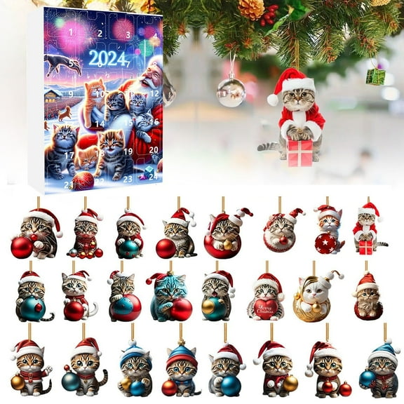 2024 Christmas Holiday Advent Calendar Countdown Set with Festive 2D Cat Tree Ornaments Home Decorations