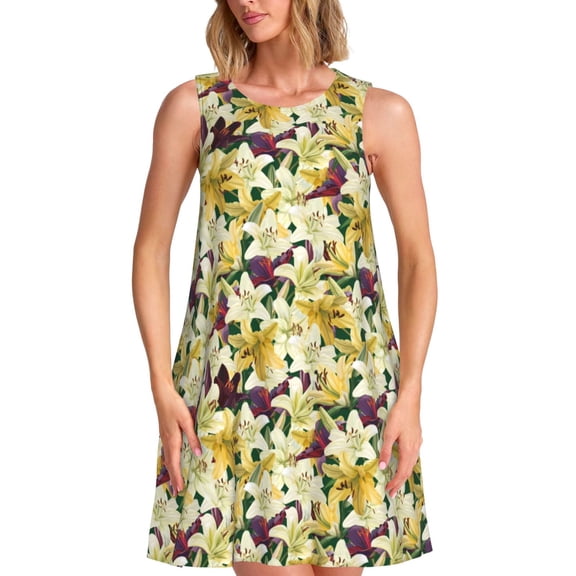 Xecao Lilies Flowers for Summer Dresses for Women Casual Sundresses Beach Cover Ups Sleeveless Tshirt Swing Dress with Pockets