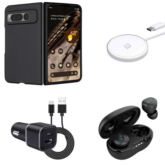 Premium Accessories for Google Pixel Fold - Snap-On Slim Protective Matte Finish Cover Phone Case (Black), Earbuds, 15W Magnetic Wireless Charger, 30W Dual (USB-C, USB-A) Car Charger