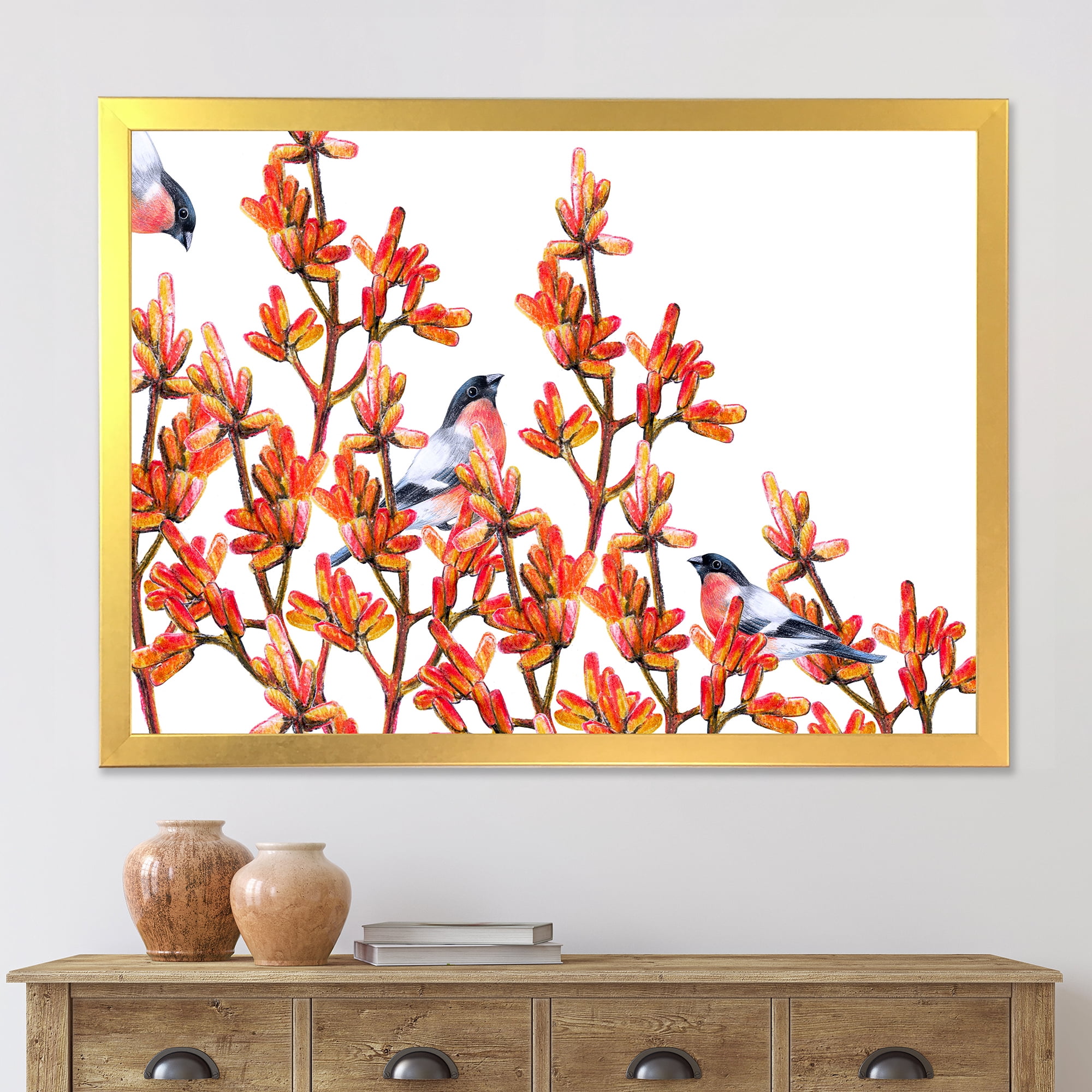 Designart 'Flock of Bullfinches Birds Sitting on Orange Branches' Traditional Framed Art Print