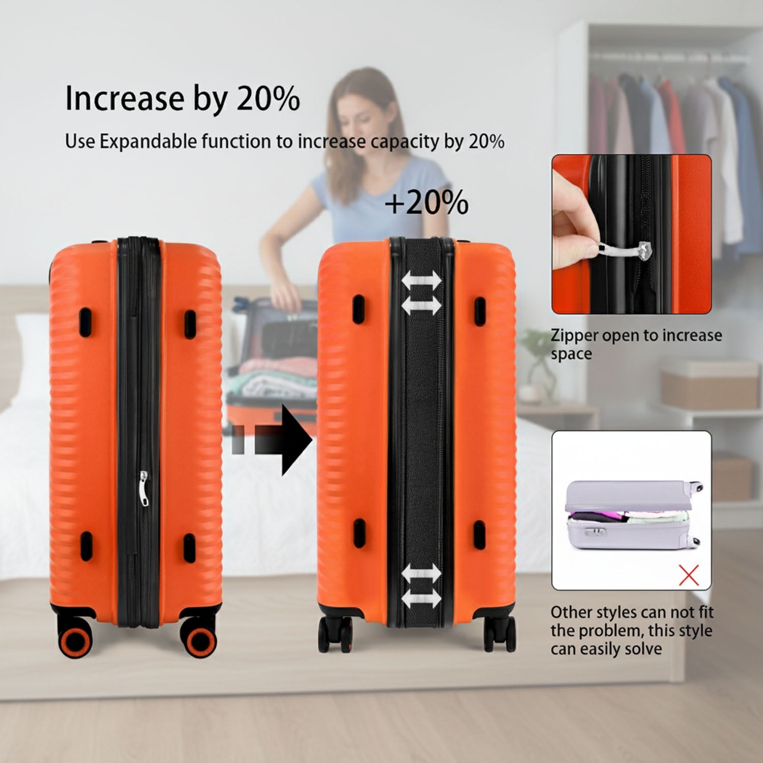 3 Piece Hardside Luggage Set Expandable Suitcase with Spinner Wheels,Lightweight Hardshell Suitcase Set 20in24in28in, Orange, SQ249