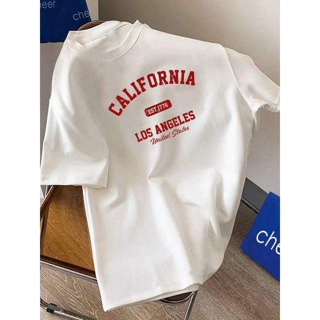 Men's California Graphic Print Short Sleeve T-Shirt - Soft Breathable Regular Fit Casual Tee for Spring Summer Fall, Machine Washable White with Red Lettering