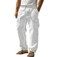 thumbnail image 2 of Frostluinai Men's Linen Cargo Pants with Pocket Elastic Waist Baggy Straight Leg Pants Solid Casual Beach Vacation Trousers Pants, 2 of 6