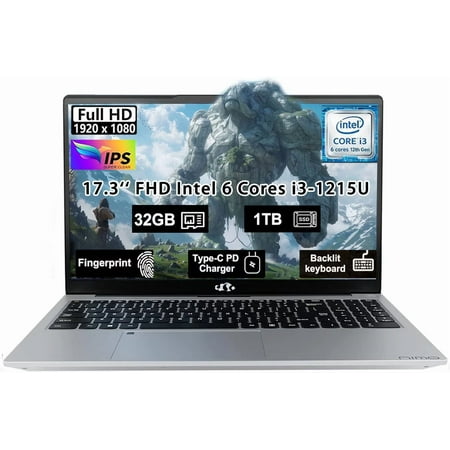 17.3" FHD Windows11 Laptop Computer Intel Core i3-1215U 6-Core (Up to 4.4GHz) 32GB RAM 1TB SSD Intel UHD Graphics 65W GaN Type-C Charger Backlit Keyboard Fingerprint For Home Student Business Silver
