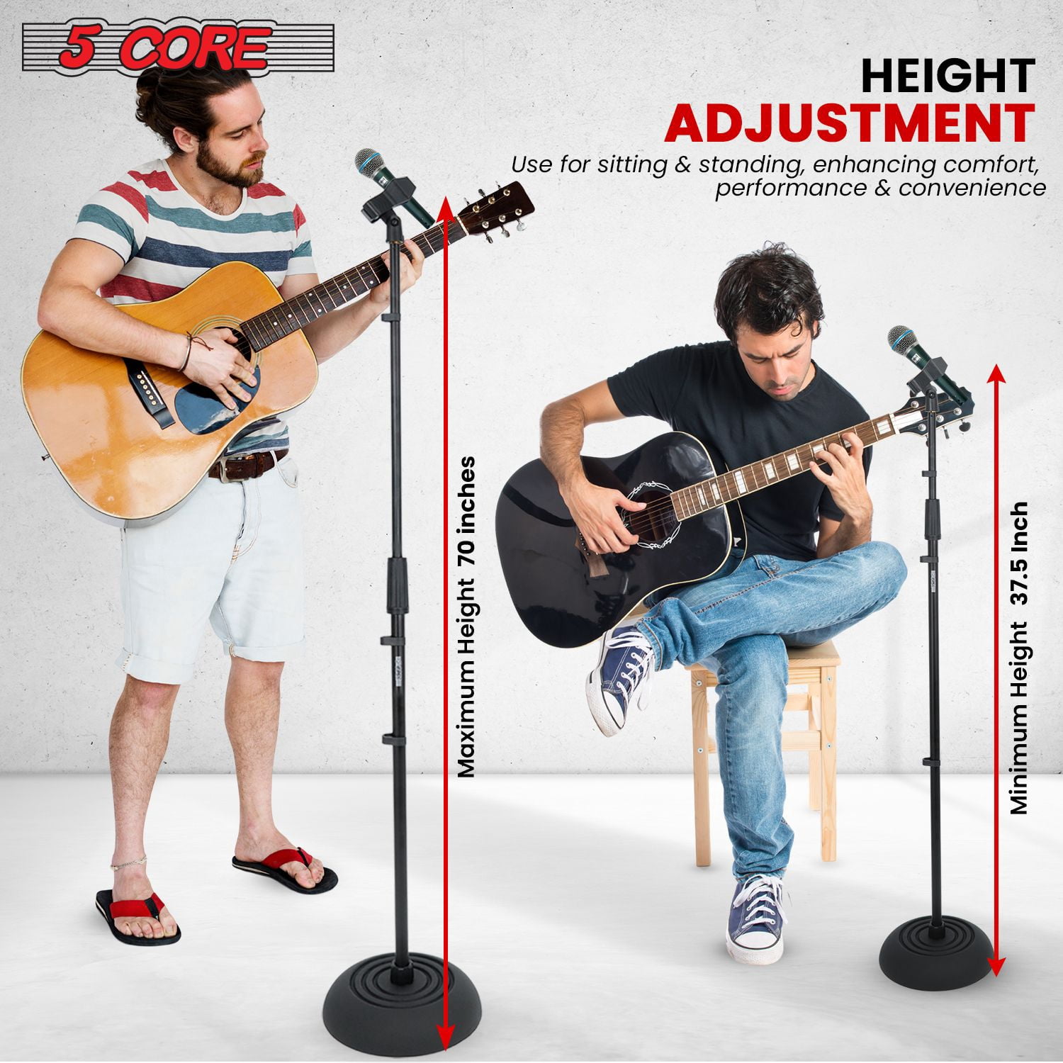 Heavy Duty Adjustable Floor Mic Stand 2-Pack (37.5-70") w/180° Angle & Cable Clips - Weighted Base, 4.6lb Capacity