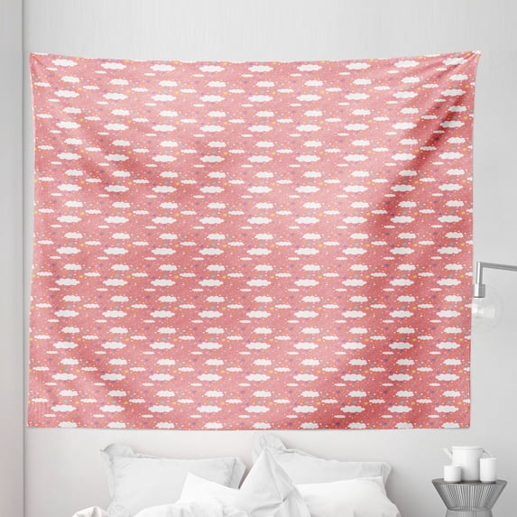 Cartoon Tapestry, Stars and Dots Filled Background with Hand Drawn Clouds Pastel Colored Pattern, Fabric Wall Hanging Decor for Bedroom Living Room Dorm, 5 Sizes, Multicolor, by Ambesonne
