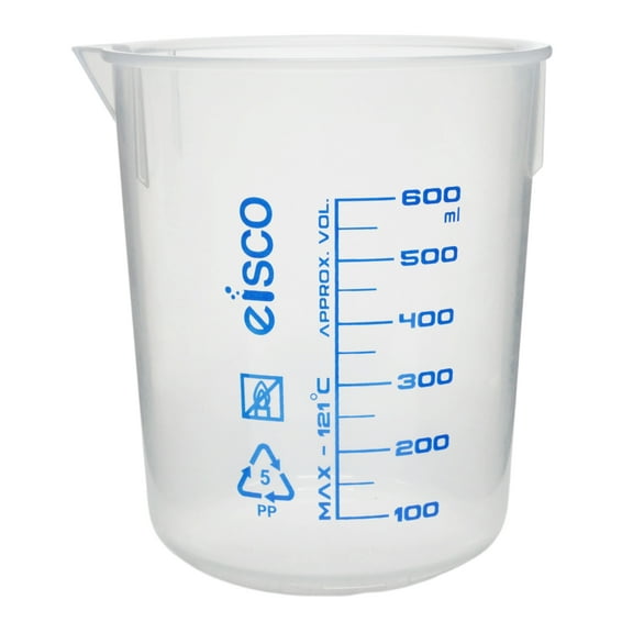 Premium 600mL Beaker - Polypropylene Plastic, Blue Screen Printed, 50mL Graduations, Eisco Labs