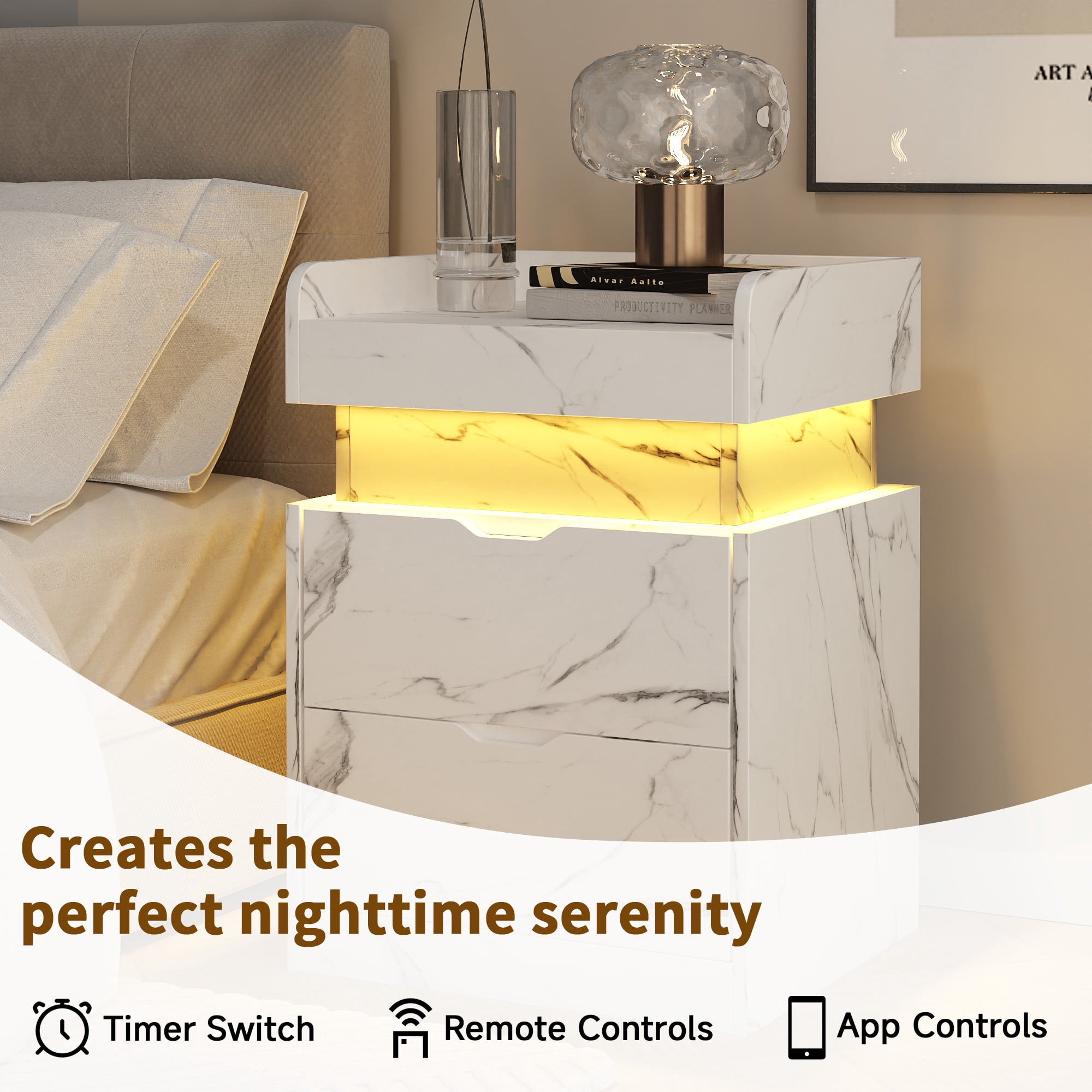 NEGYLIM Bedside Table, Nightstand with Multi-Color LED Light Strip, Quiet Drawers, 3 Drawers, Small Space Solution, Bedroom End Tables, White