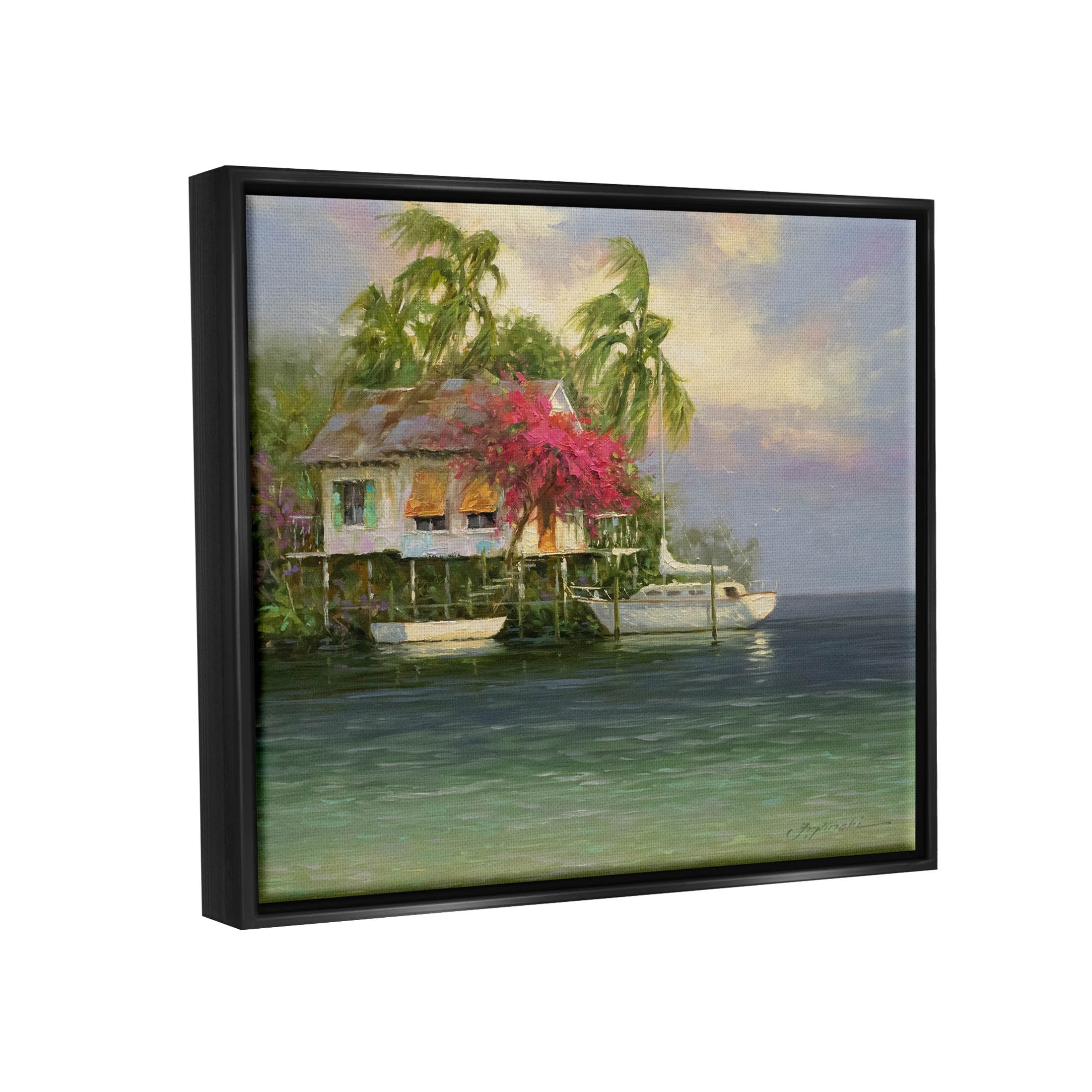 Summer Coastal Vacation Cottage Landscape Painting Jet Black Framed Art Print Wall Art