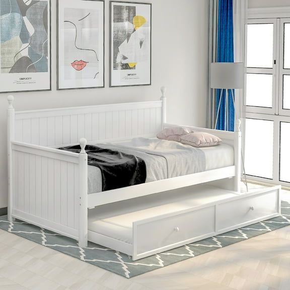 Twin Size Wood Daybed with Twin Size Trundle, White