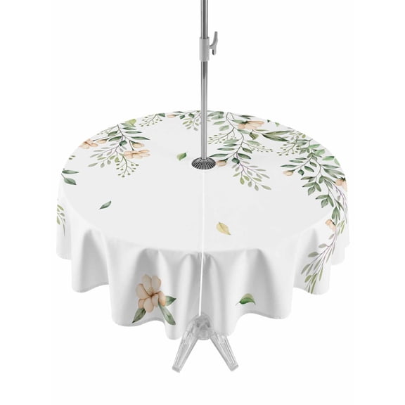 Outdoor Tablecloths with Umbrella Hole & Zipper, Green Eucalyptus Leaves Round Tablecloths 60 Inch, Spring Floral Weeping Farmhouse Waterproof Table Cloth, Patio/Pool/Picnic Table Covers