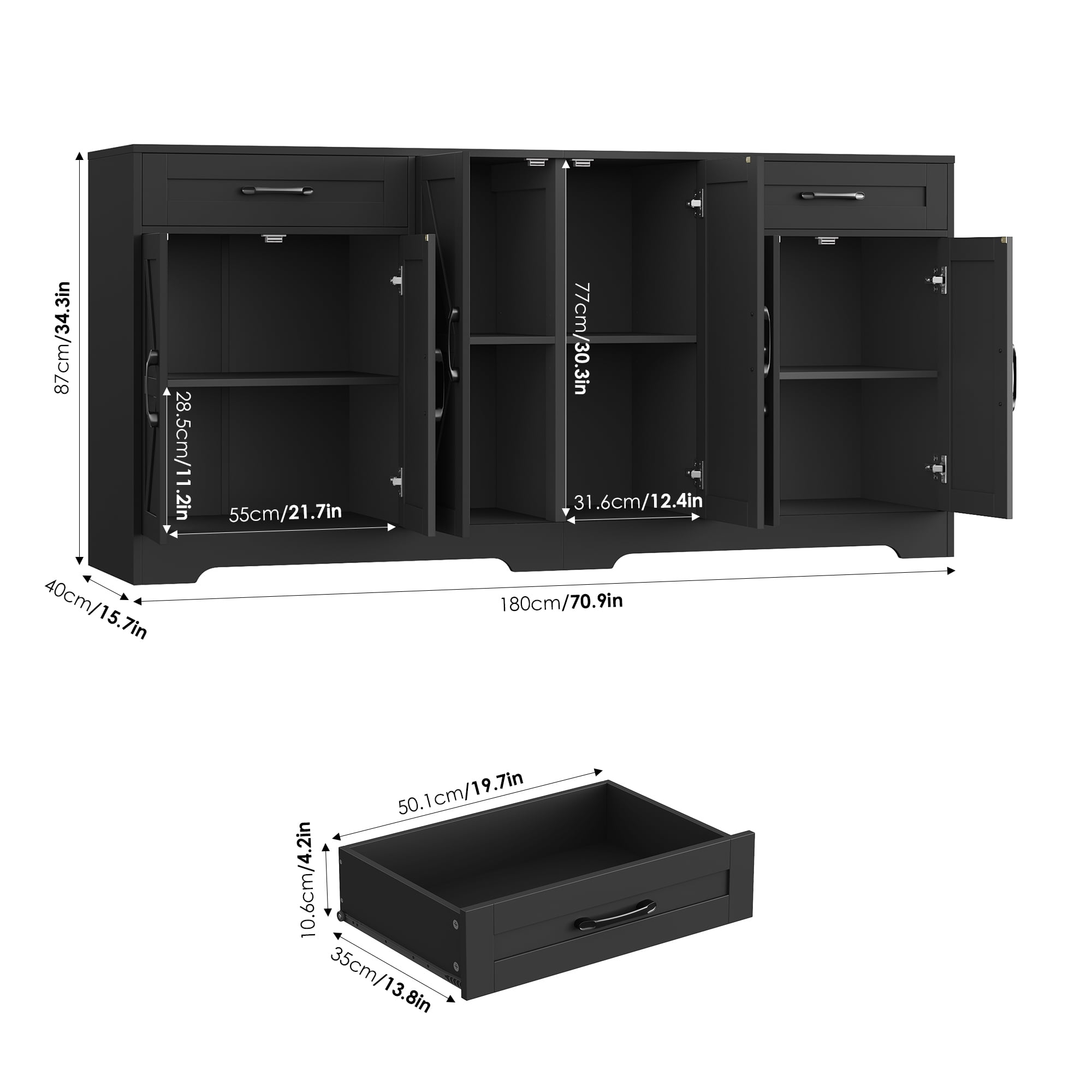 Homfa 6-Doors Farmhouse Sideboard with 2-Drawers, 70.8" W Buffet Cabinet with Adjustable Shelves for Kitchen Dining Room, Black