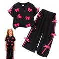 thumbnail image 5 of Karoyedx Toddler Summer Outfits Tween Girls Clothes Short Sleeve Tops and Bowknot Wide Leg Sweatpants Casual Trendy Outfit for Teen Black Size,6-7 Years, 5 of 9