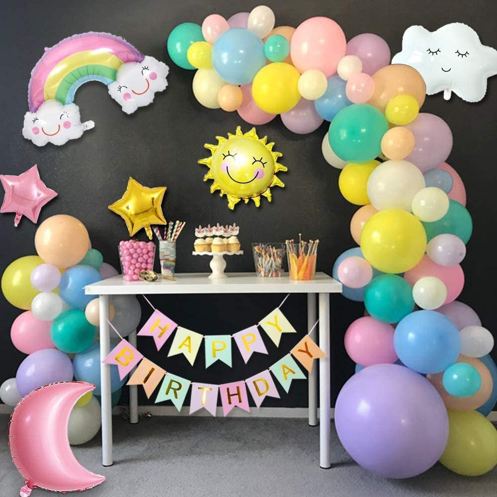 Happy Birthday Set/Golden Birthday Pull Flag/Swan Aluminum Film Balloon/Rainbow Rain Silk/Balloon Chain 26 Pcs Swan and Birthday Party Supplies