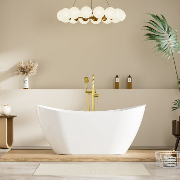 ANGELES HOME 60" Glossy White Freestanding Acrylic Soaking Bathtub with Advanced Heat Retention & Ergonomic Support, 60-Gallon