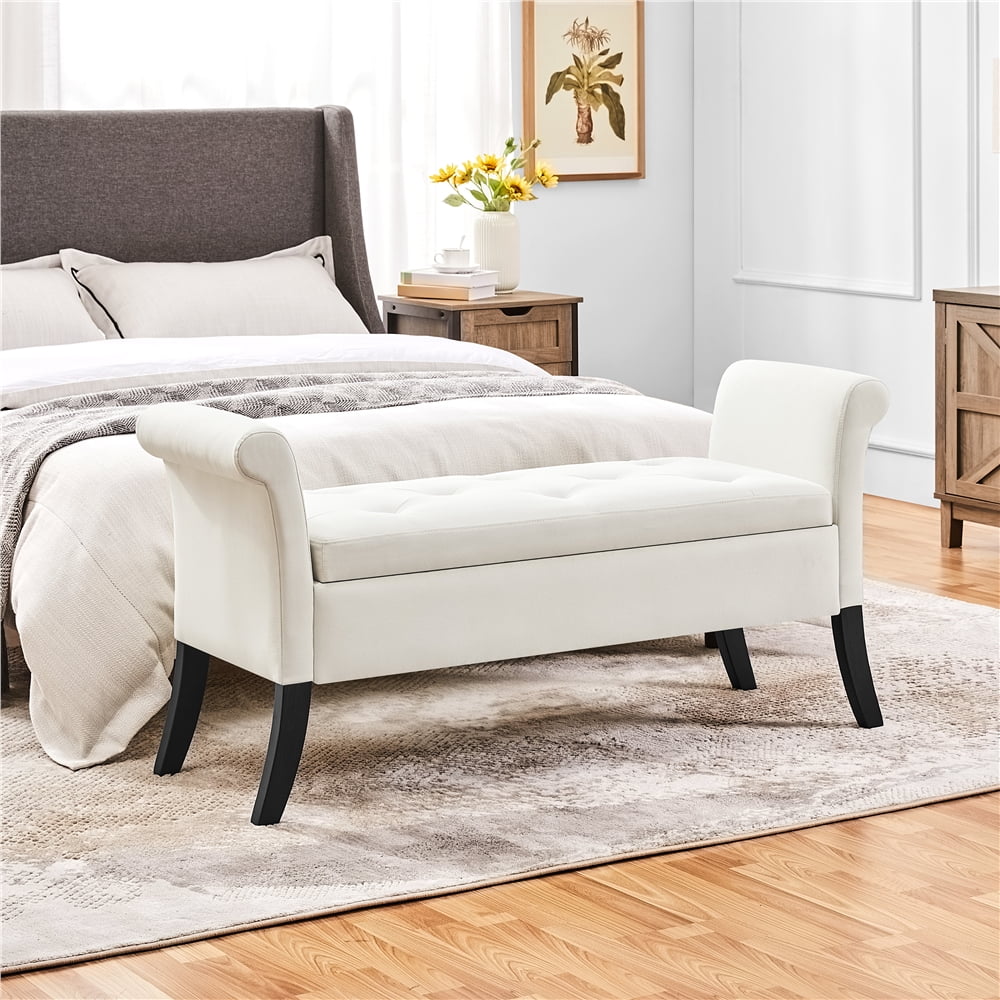Alden Design Modern Fabric Tufted Storage Bench with Rolled Arms for Livingroom, Fresh White