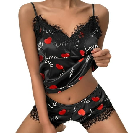 

YXGla Spaghetti Strap Eyelash Decor Vest Shorts Set Imitation Satin Dot Heart Print V-Neck Sleeveless Pajama Set for Wedding Night