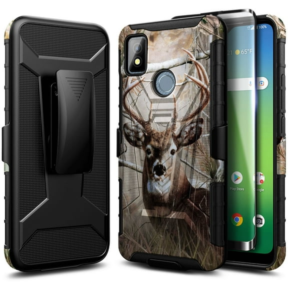 Nagebee Phone Case Compatible for Cricket Icon 4 with Tempered Glass Screen Protector (Full Coverage), Belt Clip Holster with Built-in Kickstand Heavy Duty Shockproof Armor Case (Deer)